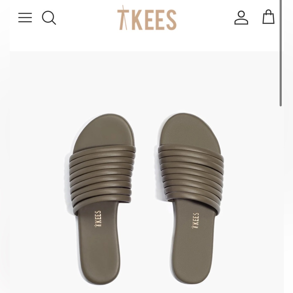 TKEES olive green caro leather sandal slide with dust bag